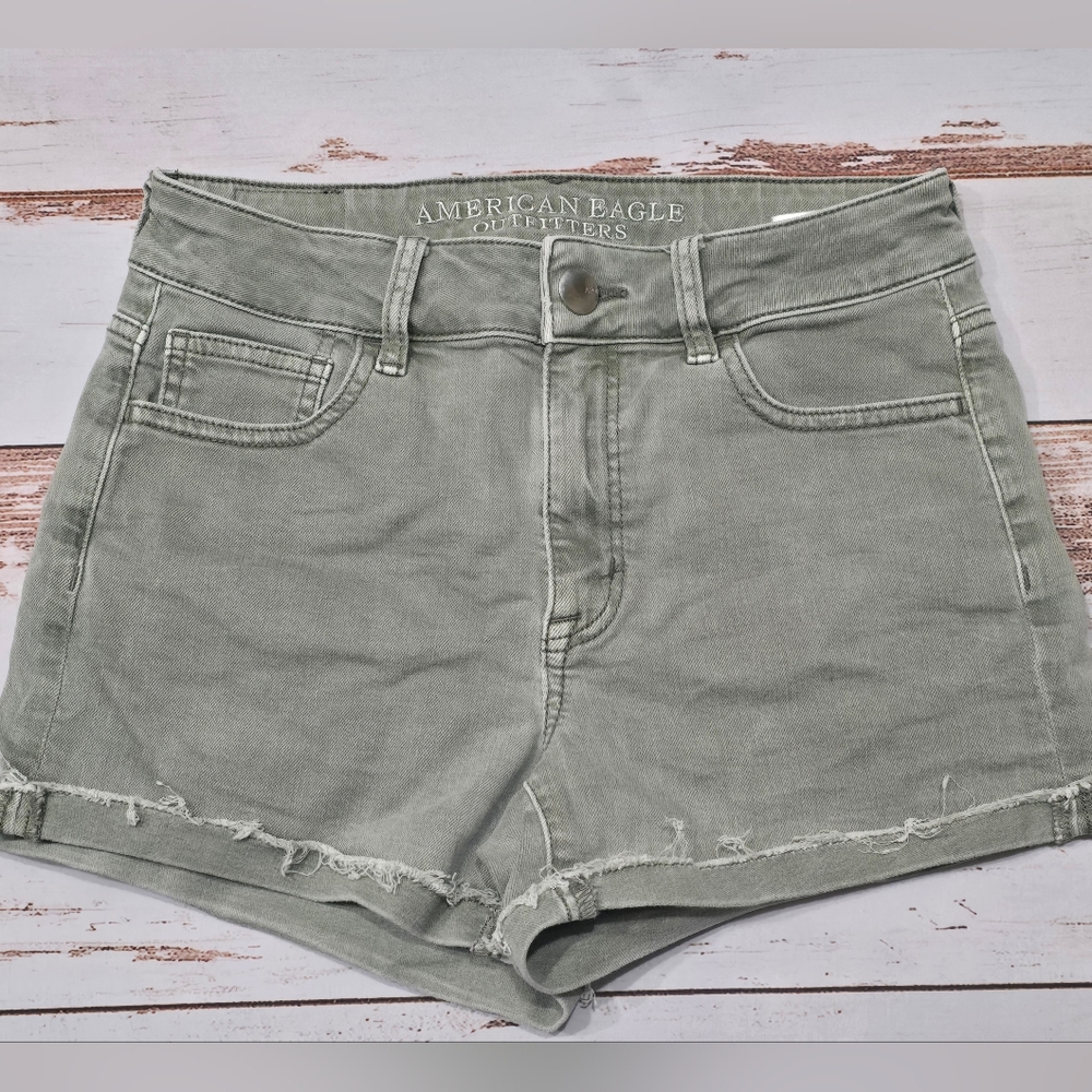 American Eagle Denim Shorts Olive Hi Rise Shorty Womens 4